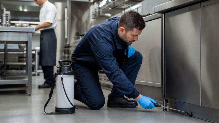 Pest control technician applying biocide in a professional restaurant kitchen under HACCP Algarve